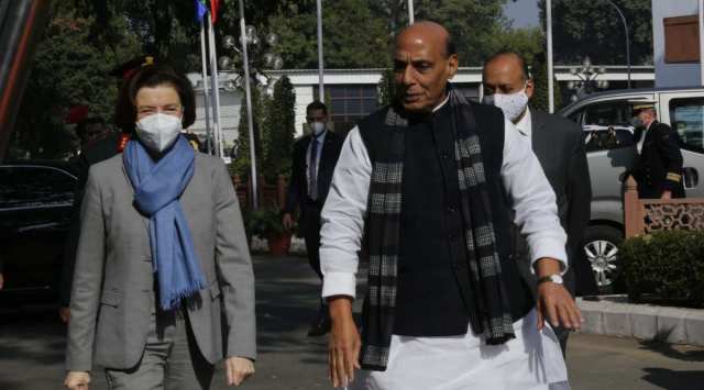 France’s Defence Minister Florence Parly  with India’s Defence Minister Rajnath Singh during the ceremonial reception at the lawns of Vigyan Bhawan in New Delhi on friday. (Express photo by Anil Sharma)
