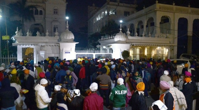 Crowd outside the gate of Teja Singh Samundri Hall, the headquarters of the SGPC. (Express photo by Rana Simranjit Singh)