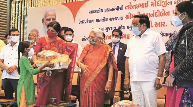  Governor of Uttar Pradesh Anandiben Patel was the Chief Guest at an event in Vadodara on Thursday, organised by Vadodara MP Ranjan Bhatt to provide foster care to 2400 patients of tuberculosis. (Express photo by Bhupendra Rana)