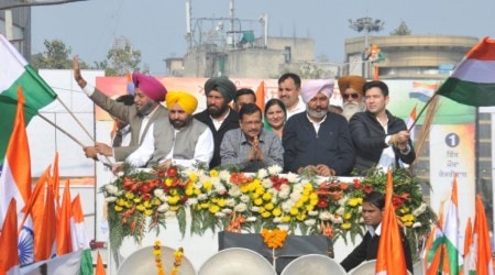 Delhi CM Arvind Kejriwal during his public address in Jalandhar on Wednesday. (Express Photo)
