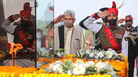 Jammu & Kashmir Lt Governor Manoj Sinha pays tribute to martyrs on the occasion of Swarnim Vijay Varsh, at Balidan Stambh in Jammu. (PTI)