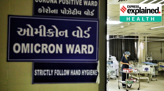 Hospital staff continue with their routine work at the isolation ward prepared for Omicron variant Covid patients at Civil hospital, Asarwa. (Express photo by Nirmal Harindran)