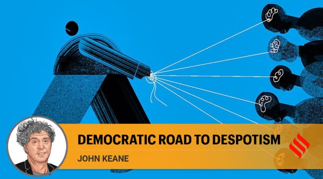 Despotism is rather a new type of strong state, a form of “phantom democracy” led by rulers skilled at manipulating and meddling with people’s lives, marshalling their support, and winning their conformity. (Illustration: C R Sasikumar)