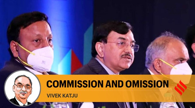 CEC Sushil Chandra (centre) with ECs Rajiv Kumar (left) and Anup Chandra Pandey in Chandigarh Thursday. (Express Photo: Kamleshwar Singh)