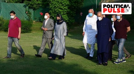 PAGD leaders with PDP chief Mehbooba Mufti in Srinagar. (Express file photo by Shuaib Masoodi)