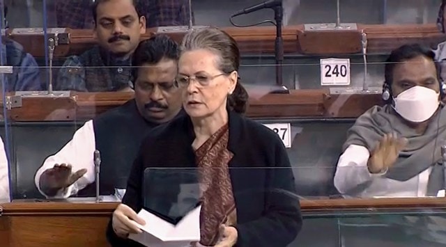 Congress President Sonia Gandhi speaks in the Lok Sabha during the Winter Session of Parliament, in New Delhi, Monday, Dec. 13, 2021. (LSTV/PTI Photo)