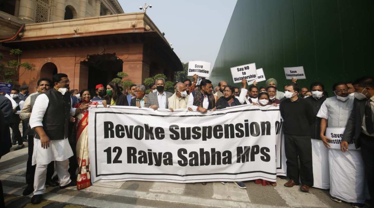 Suspended Rajya Sabha members, along with Opposition MPs, lead a protest march from Gandhi statue till Vijay Chowk. (Express photo by Abhinav Saha)