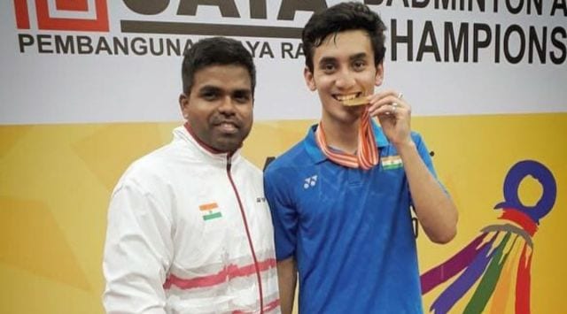 Physio Abdul Wahid Shaikh with Lakshya Sen (Express photo)
