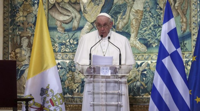 Pope Francis delivers his speech during a meeting with authorities, at the Presidential Palace, in Athens, Saturday, Dec. 4, 2021. (AP)