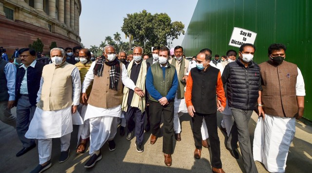 Congress leader Rahul Gandhi with other opposition leaders during a protest march from Gandhi statue in Parliament premises to Vijay Chowk, demanding justice for the families of the farmers killed in the Lakhimpur Kheri violence, at Parliament complex in New Delhi. (PTI)