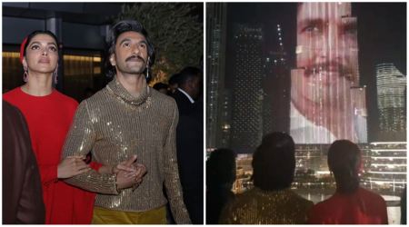 Ranveer Singh holds Deepika Padukone tight as he enjoys 83 trailer display at Dubai's Burj Khalifa 1200