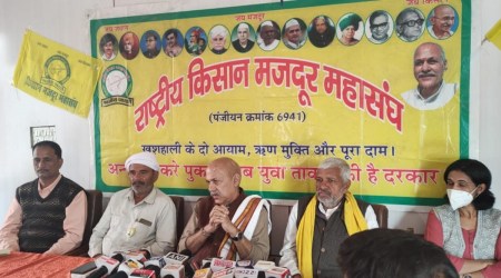 SKM leaders  at a press conference in Bhopal (Express)