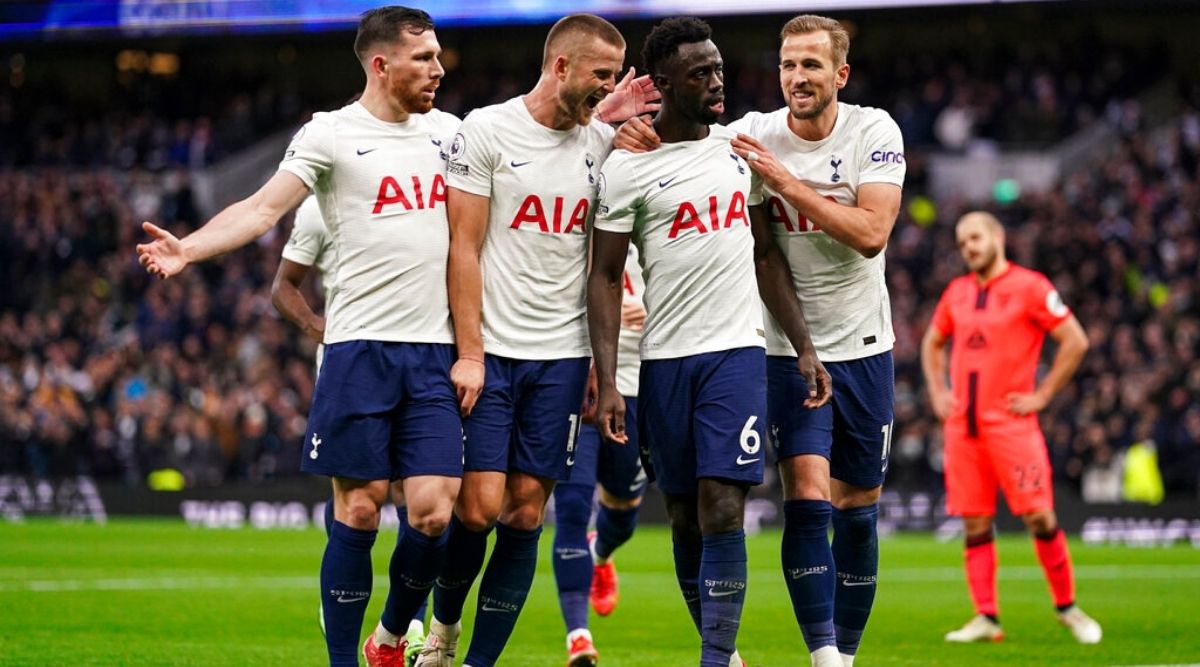 Tottenham Hotspur's Davinson Sanchez, second right, celebrates scoring his side's second goal during the English Premier League soccer match between Tottenham Hotspur and Norwich City, at Tottenham Hotspur Stadium, London, Sunday, Dec. 5, 2021. (Adam Davy/PA via AP)