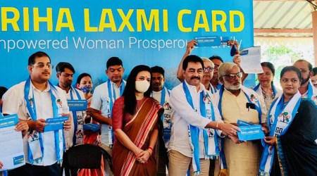 TMC MP and Goa state incharge Mahua Moitra announced the party's Griha Laxmi scheme with Goa TMC leaders Kiran Kandolkar and Yatish Naik on Saturday at the International Centre at Dona Paula | (Photo credits: TMC)