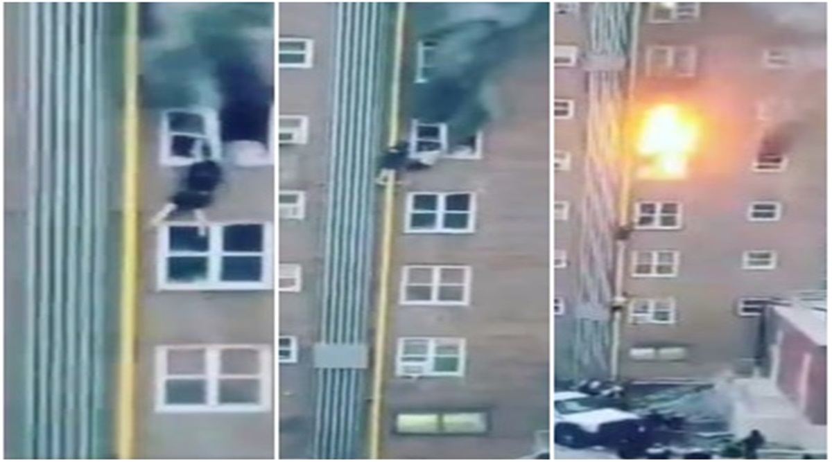 Two teenagers slide down pipe in narrow escape from fire, video goes ...