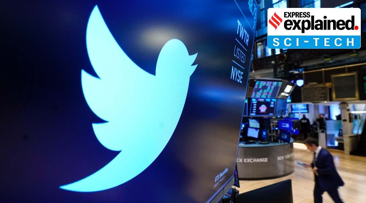 The logo for Twitter appears above a trading post on the floor of the New York Stock Exchange, Monday, Nov. 29, 2021. (AP Photo/Richard Drew)