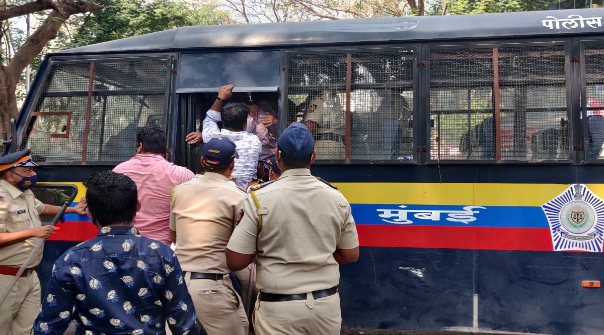 Police detain members of the Vanchit Bahujan Aghadi.   (Express Photo by Yogesh Naik)