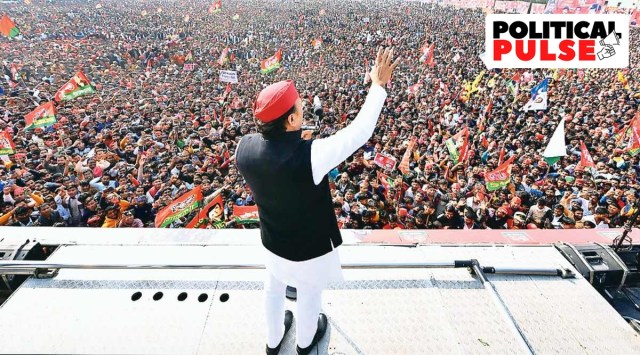 SP president Akhilesh Yadav in Mainpuri during a 'Vijay Yatra'. (Express photo)