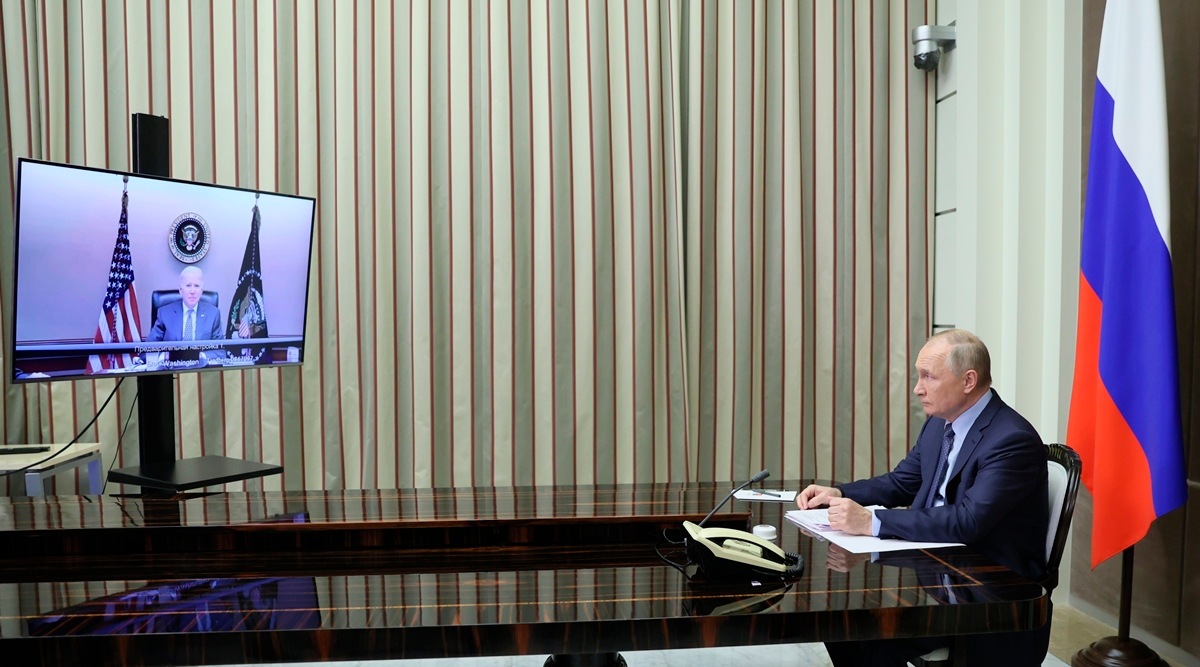 Russian President Vladimir Putin is shown during his talks with US President Joe Biden via videoconference in the Bocharov Ruchei residence in the Black Sea resort of Sochi, Russia Dec. 7, 2021. (Kremlin Pool Photo via AP)