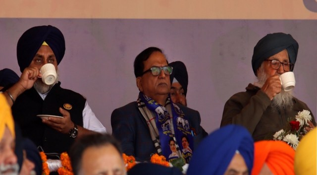 SAD president Sukhbir Badal and party patron Parkash Singh Badal with BSP leaders at the rally to commemorate the completion of 100 years of party’s foundation. (Photos: Gurmeet Singh)