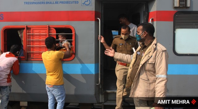 Representative image of Delhi Police officials at the Anand Vihar railway station in New Delhi. (Express Photo By Amit Mehra)