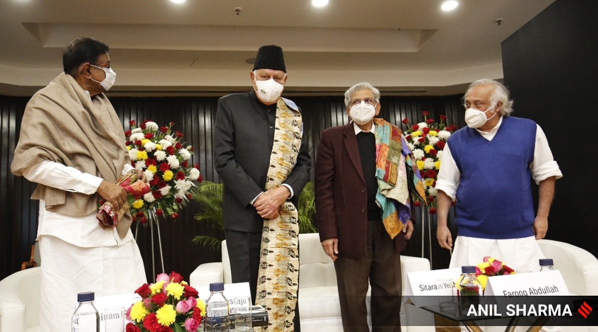 Sitaram Yechury, Farooq Abdullah, P Chidambaram and Jairam Ramesh during former prime minister HD Deve Gowda's biography release function in New Delhi on Monday. (Express photo by Anil Sharma)