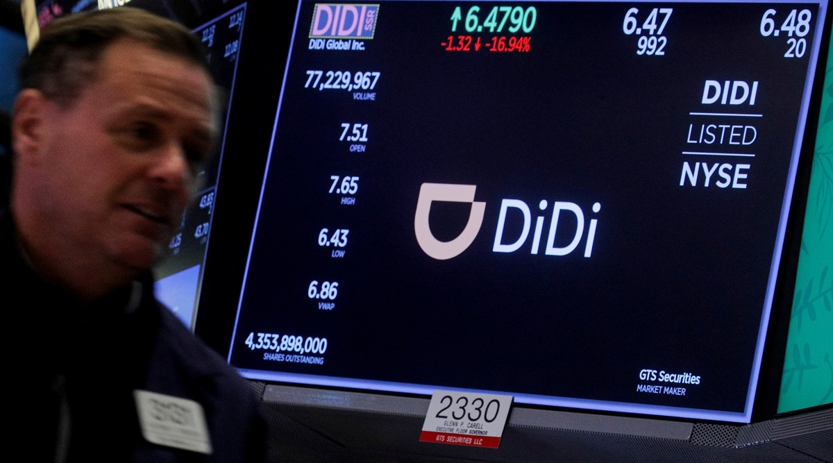 A screen displays trading information for ride-hailing giant Didi Global on the floor of the New York Stock Exchange in New York City, US on Dec 3, 2021. (Reuters)