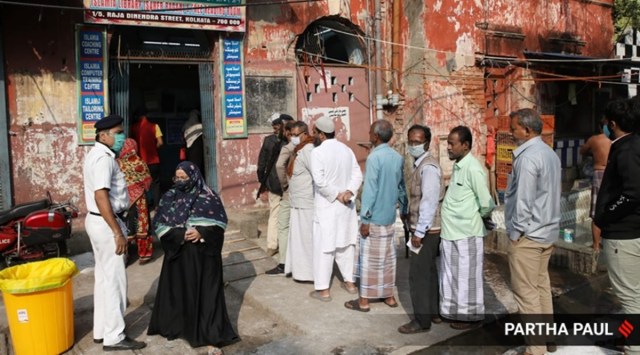 Voters outside a polling station at Razabazar during the KMC election, in Kolkata