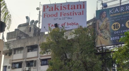 surant pakistan food festival, pakistan food festival hoarding burnt, bajrang dal, gujarat news, surat news, indian express