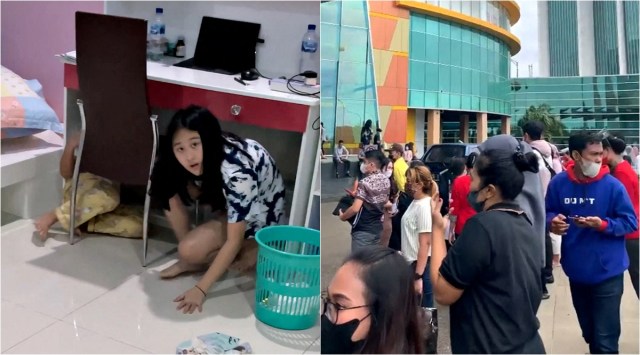 Still images from social media videos show a child hiding under a desk (left) and people standing outside a mall (right) after an earthquake in Maumere, East Nusa Tenggara, Indonesia Dec 14, 2021. (Chen Meylee, Nurhalijah Afriely/Reuters)