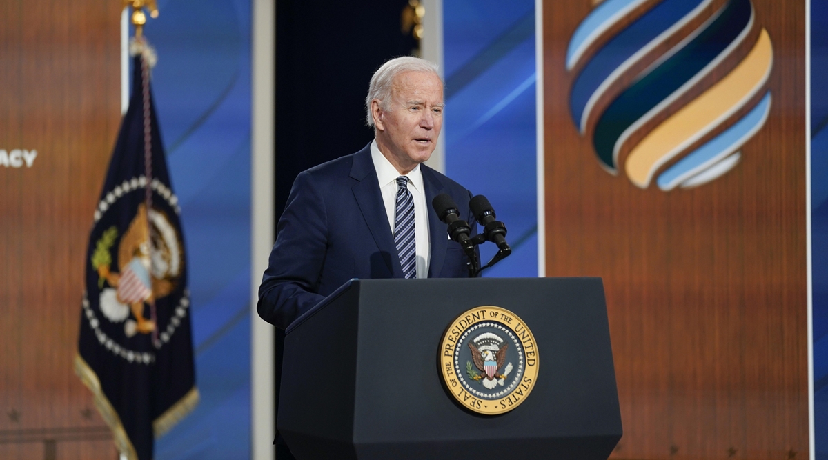 US President Joe Biden delivers closing remarks to the virtual Summit for Democracy, in the South Court Auditorium on the White House campus Dec 10, 2021, in Washington. (AP)