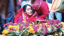 Wife of Lance Naik Vivek Kumar during his funeral in in Himachal Pradesh’s Kangra district.