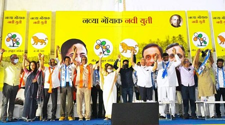 Mamata Banerjee addressed her first joint rally in Panaji with Maharashtrawadi Gomantak Party (MGP), TMC's political alliance for the Goa Assembly elections. (Photo: Twitter/AITCofficial)