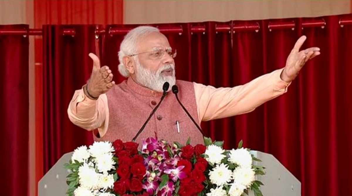 Prime Minister Narendra Modi addresses the inauguration and foundation stone laying ceremony of of 18 development projects worth 18 thousand crores, in Dehradun. (PTI)