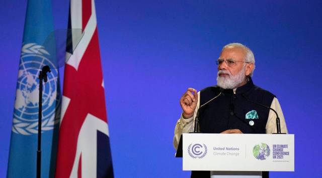 Prime Minister Narendra Modi makes a statement at the COP26 UN Climate Summit in Glasgow, Scotland. (AP/File)