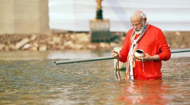 Prime Minister Narendra Modi offering prayer to river Ganga, in Varanasi on Monday. (ANI Photo)