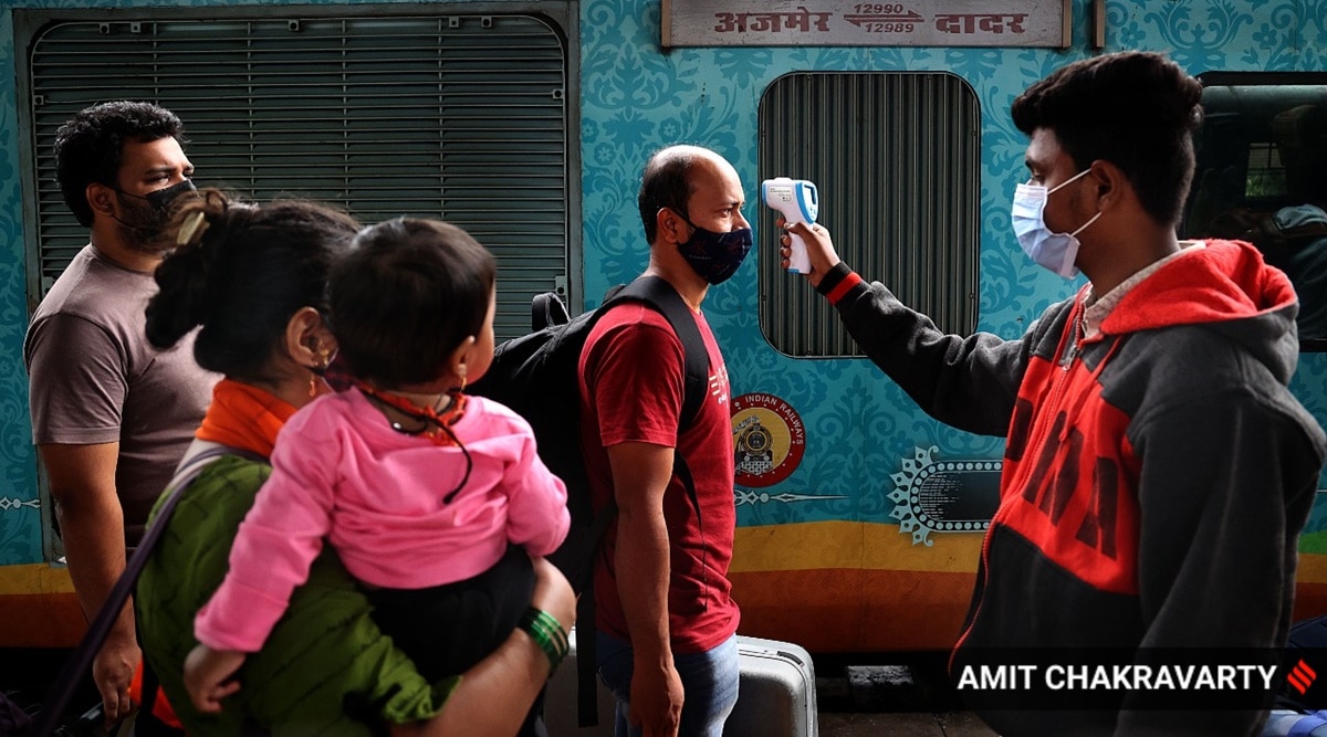 Outstation passengers arriving in Mumbai from other states being checked for body temperature and Swab test before letting them exit Dadar Station on Thursday. (Express Photo by Amit Chakravarty)