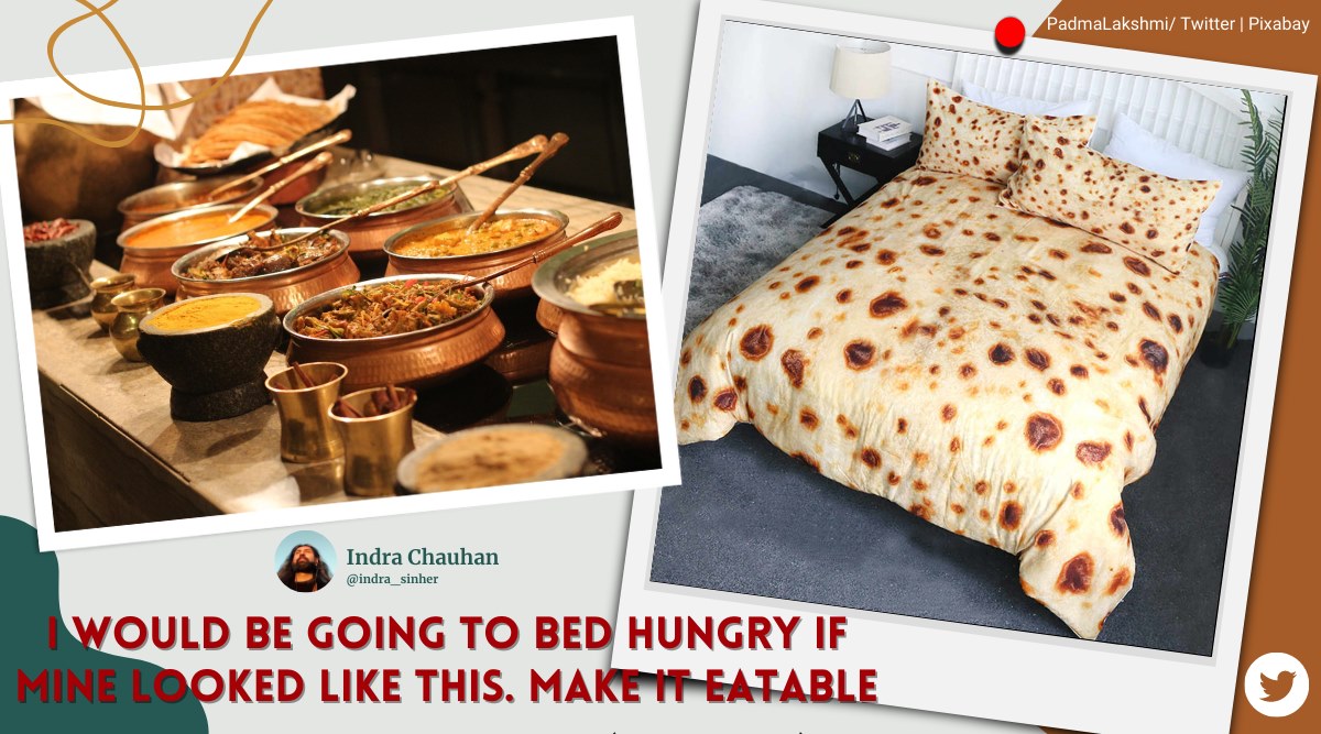padma lakshmi, burrito besheet, tortila print bedsheet, naan bed for sale, naan bedcover pilau covers, viral news, funny news, odd news, indian cuisine memes, indian express