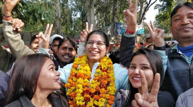 AAP's Neha Musawat and her supporters celebrate as the candidate emerged victorious from ward no 19 in Chandigarh Municipal Corporation elections.