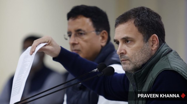 Talking to the press, Rahul Gandhi demands compensation to the families of deceased farmers, in New Delhi on Friday. (Express Photo by Praveen Khanna)