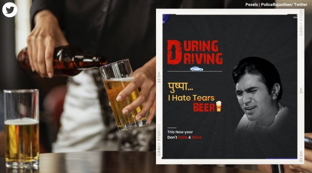 rajasthan police, new year eve party, dont drink and drive, rajasthan police bollywood memes, rajsthan police pushma meme ad, police memes, safe driving campaign, viral news, indian express,