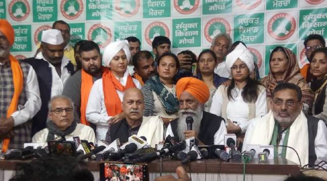 Senior BKU leader Gurnam Singh Chaduni, SKM member Shiv Kumar Kakkaji and farmer leader Yudhvir Singh address a press conference. (Express photo by Prem Nath Pandey)
