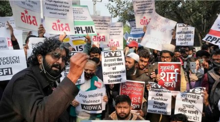 Students and activists on Monday staged a protest outside Uttarakhand Bhavan in New Delhi over hate speeches against Muslims at a 'Dharma Sansad' held in Haridwar. (PTI)