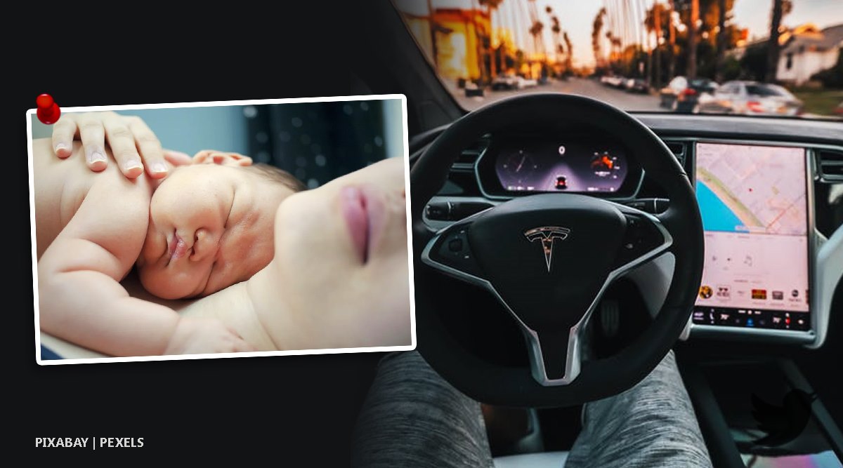 tesla baby, woman gives birth in tesla car, woman gives birth car autopilot, woman delivers child tesla autopilot car, viral news, indian express