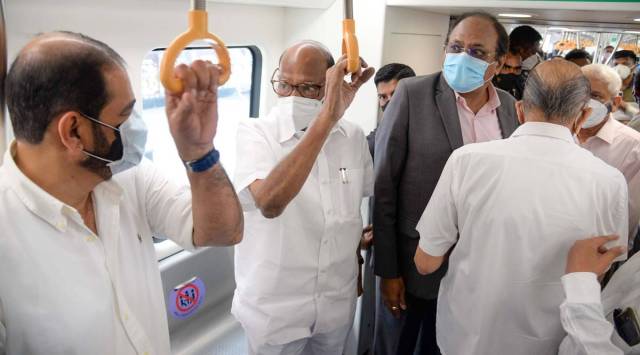 NCP chief Sharad Pawar on Monday visited a Pune Metro site and took a ride during the trial run of the service. He was accompanied by NCP leaders and Maha-Metro MD Brijesh Dixit, along with other senior officials of Pune Metro. (Express Photo by Rajesh Stephan)