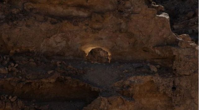 The “Burning Bush” phenomenon, occurring on the winter solstice, at Mount Karkom in the Negev Desert in southern Israel, Dec. 21, 2021. It is actually sunlight reflecting off the sides of a cave. (Amit Elkayam/The New York Times)