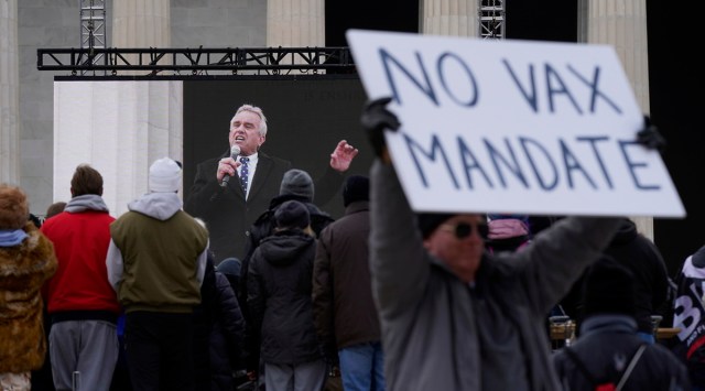 Robert F. Kennedy Jr., is broadcast on a large screen as he speaks during an anti-vaccine rally in front of the Lincoln Memorial in Washington, Sunday, Jan. 23, 2022. (AP Photo)