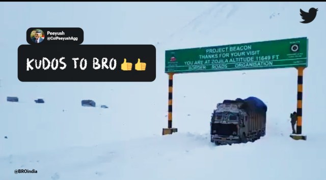 Zojilla pass, Ladakh, vehicles through Zojilla pass, snow, Border Roads Organization, social media viral, indian express