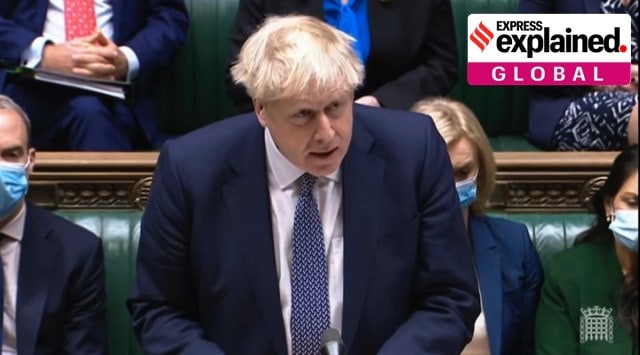 Britain's Prime Minister Boris Johnson makes a statement in the House of Commons, London, Wednesday, Jan. 12, 2022. (House of Commons/PA via AP)