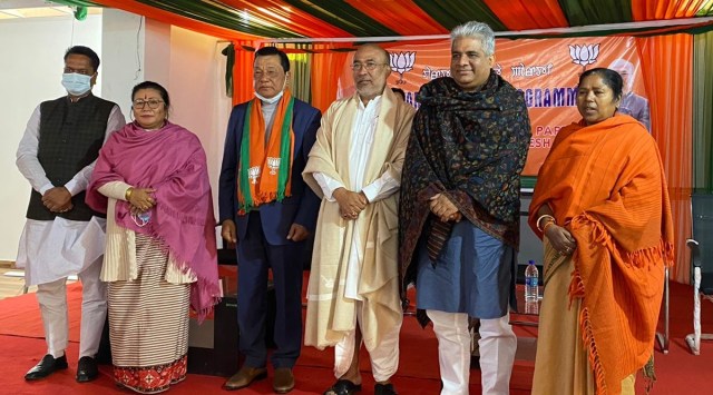 Dr Chaltonlien Amo with Union Minister of Labour and Employment Bhupedra Yadav, who is also the party in-charge of Manipur, Chief Minister N Biren Singh and BJP Manipur president A Sharda Devi | Twitter/@byadavbjp